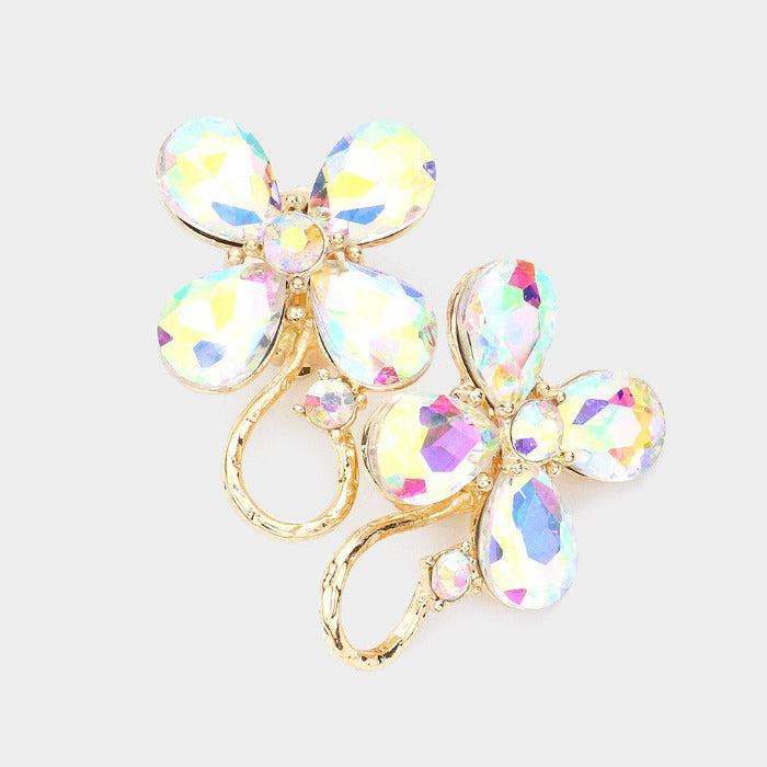 Flower Aurora Borealis Crystal Accented Clip On Evening Clip On Earrings