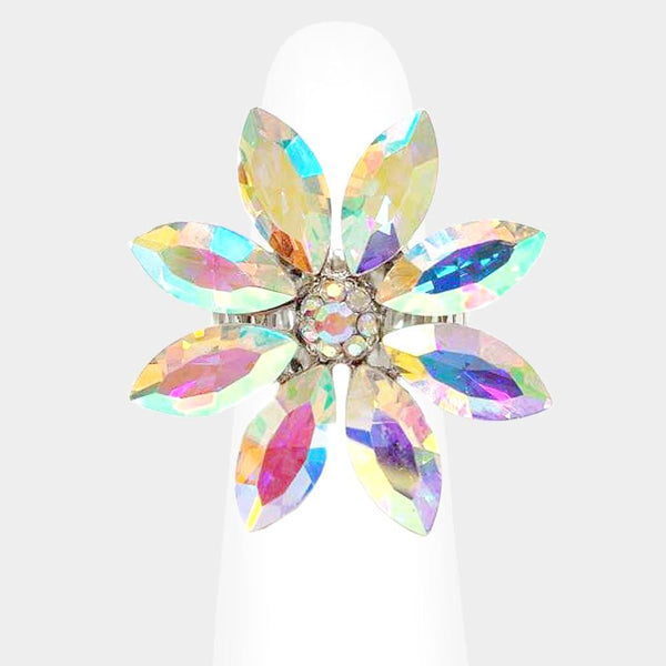 Flower Aurora Borealis Marquise Stone Silver Stretch Rin