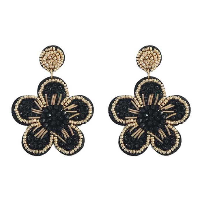 Flower Black Seed Bead Trim Dangle Earrings-Earring-SPARKLE ARMAND