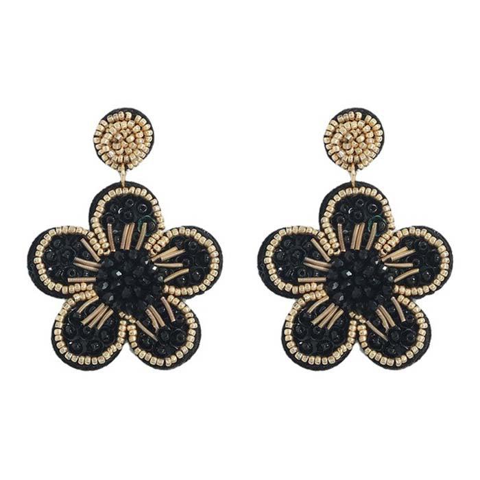 Flower Black Seed Bead Trim Dangle Earrings-Earring-SPARKLE ARMAND