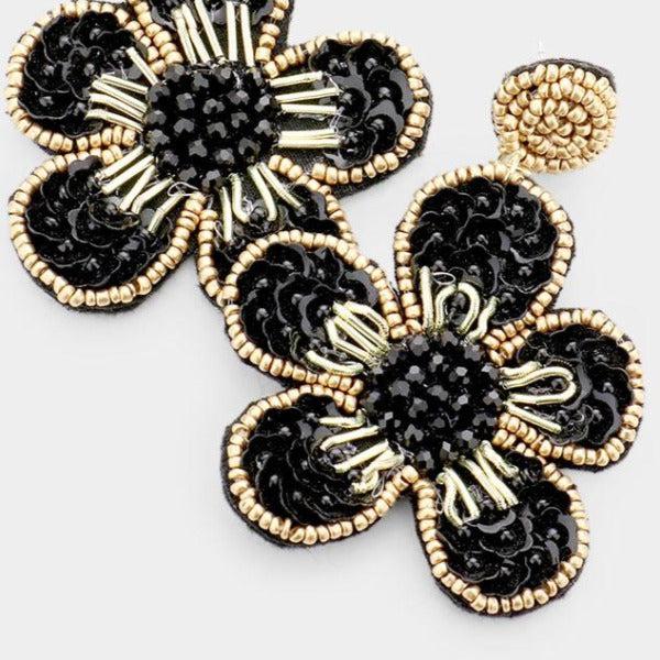 Flower Felt Back Black Seed Bead Trim Dangle Earrings