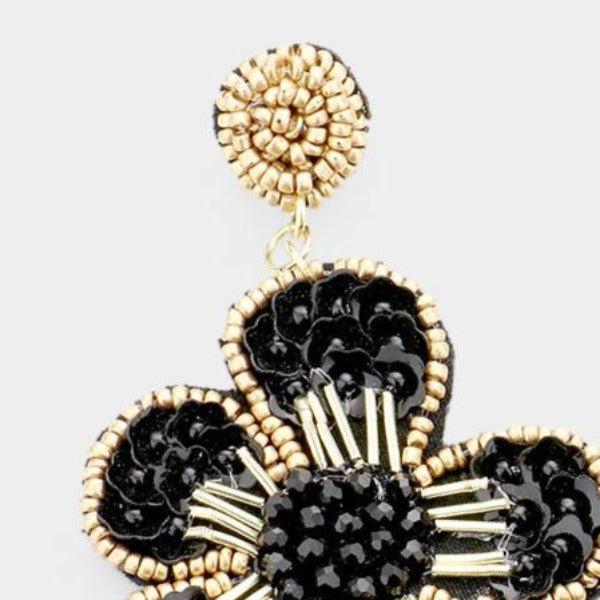 Flower Felt Back Black Seed Bead Trim Dangle Earrings