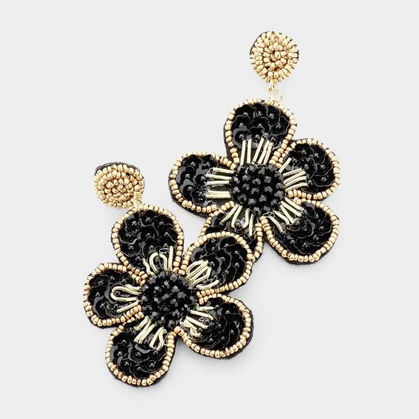 Flower Felt Back Black Seed Bead Trim Dangle Earrings