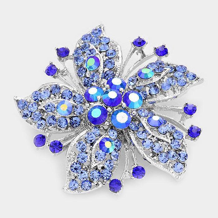 Flower Blue Crystal Silver Pin Brooch-Brooch-SPARKLE ARMAND