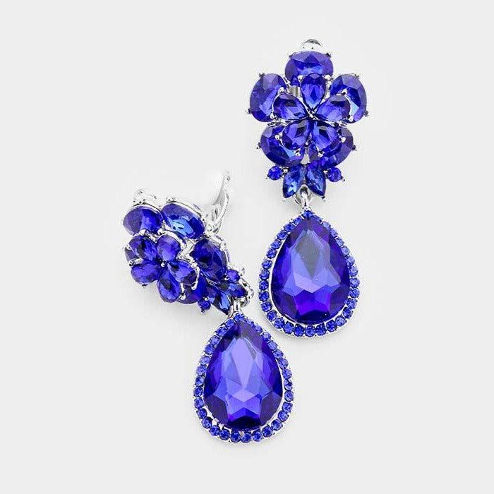 Flower Blue Crystal Teardrop Dangle Clip on Earrings by Miro Crystal Collection