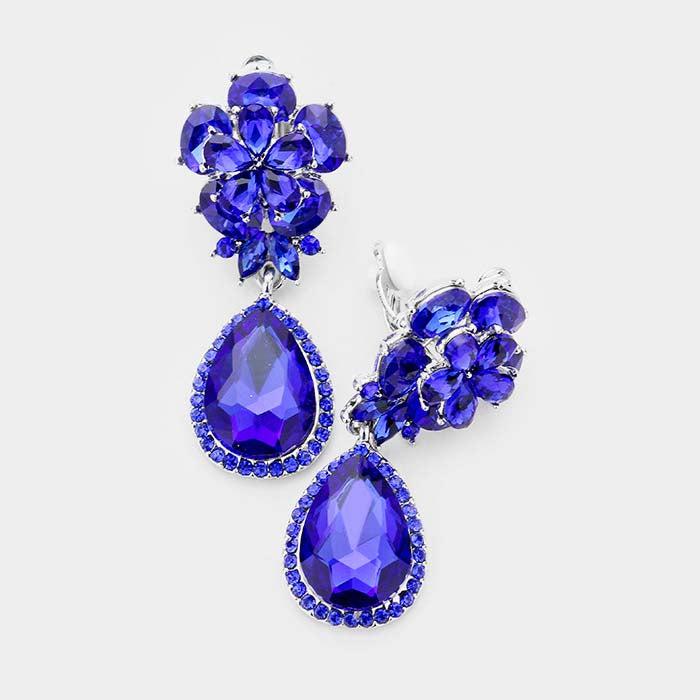 Flower Blue Crystal Teardrop Dangle Clip on Earrings by Miro Crystal Collection