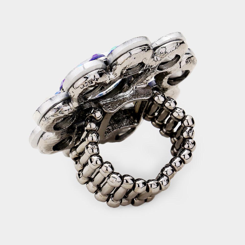 Flower Blue Round Crystal Stretch Ring