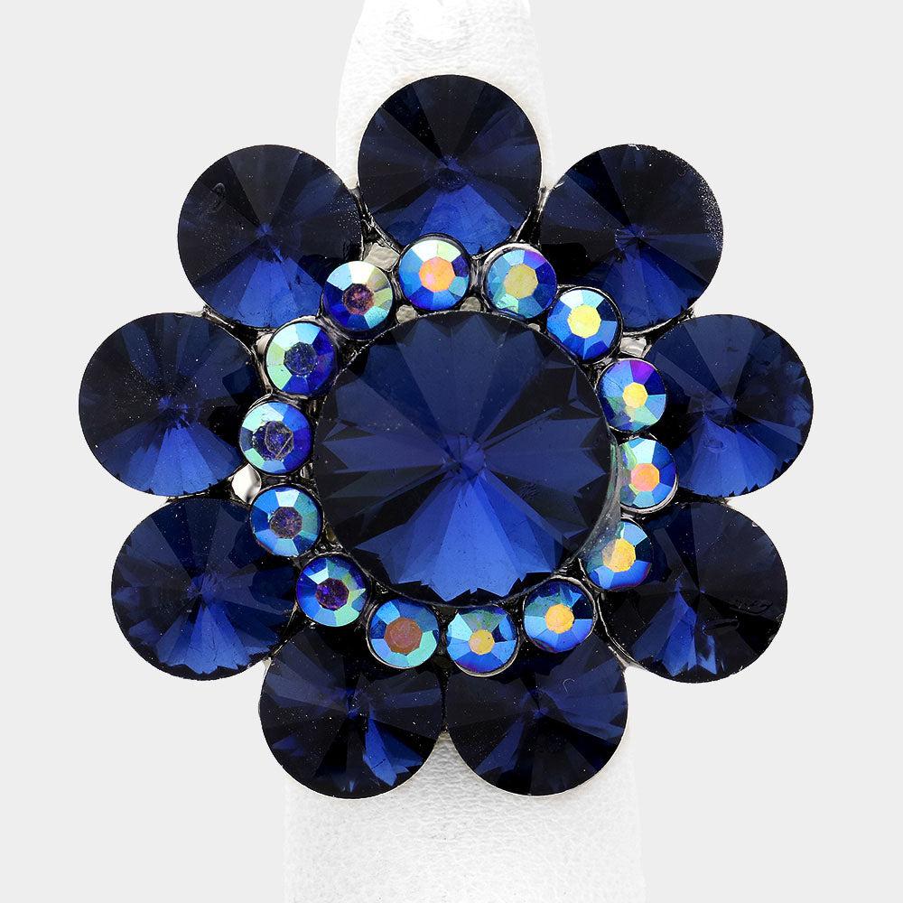 Flower Blue Round Crystal Stretch Ring
