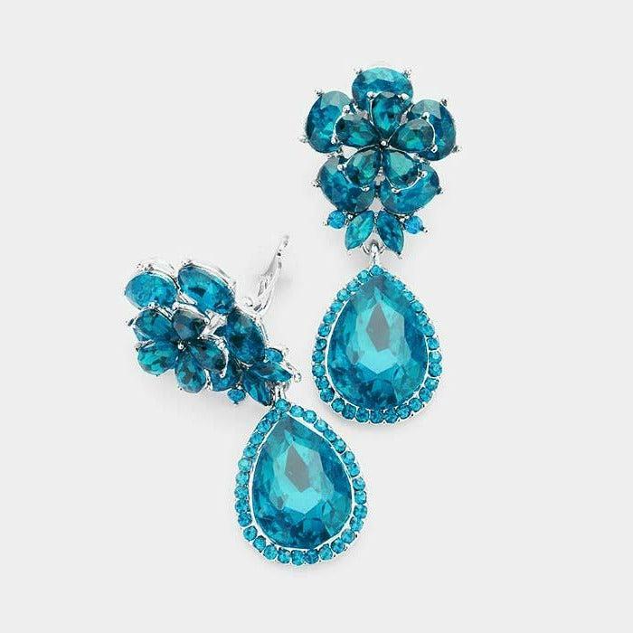 Flower Blue Zircon Crystal Teardrop Dangle Clip on Earrings by Miro Crystal Collection