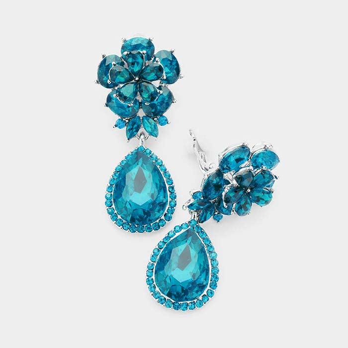 Flower Blue Zircon Crystal Teardrop Dangle Clip on Earrings by Miro Crystal Collection