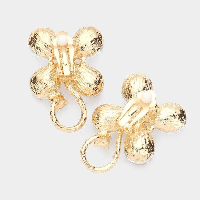 Flower Clear Crystal Accented Clip On Evening Clip On Earrings