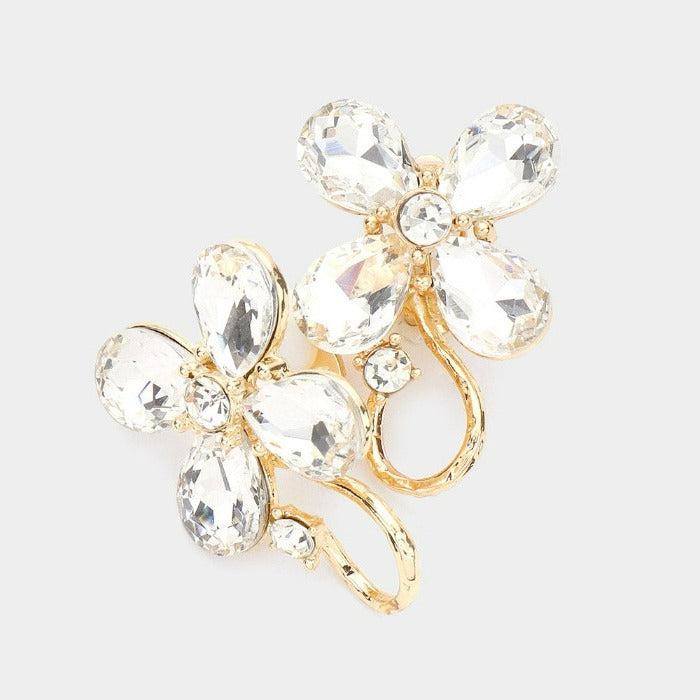 Flower Clear Crystal Accented Clip On Evening Clip On Earrings