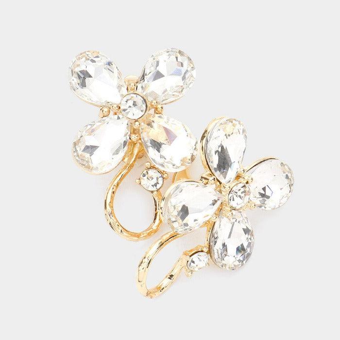 Flower Clear Crystal Accented Clip On Evening Clip On Earrings