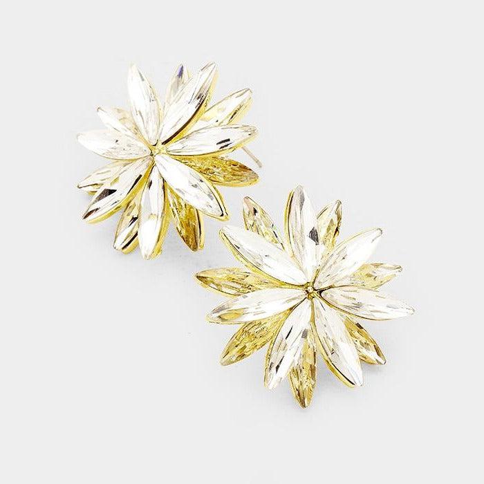 Flower Clear Crystal Cluster Gold Earrings