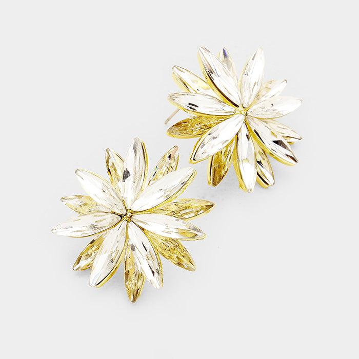 Flower Clear Crystal Cluster Gold Earrings