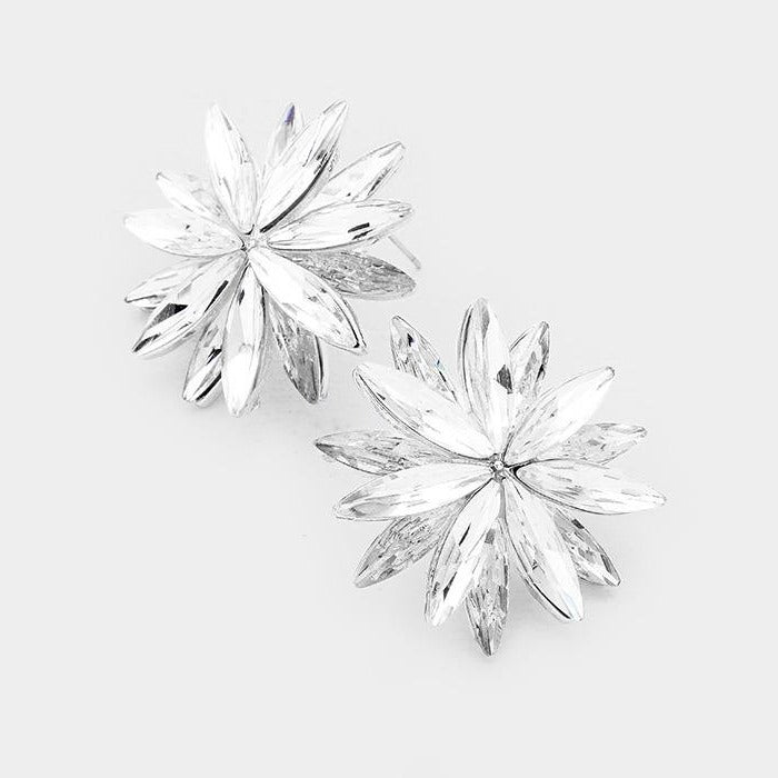 Flower Clear Crystal Cluster Silver Earrings