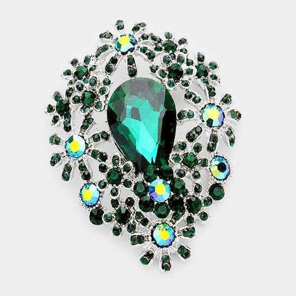 Flower Cluster Green Crystal Rhodium Pin Brooch