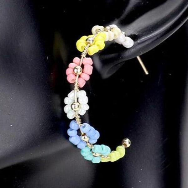 Flower Cluster Multi Colored Seed Beaded Earrings-Earring-SPARKLE ARMAND