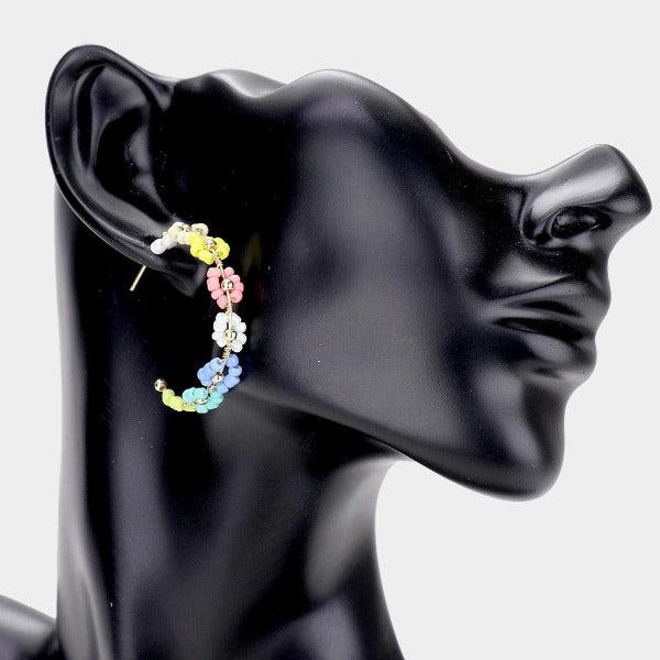 Flower Cluster Multi Colored Seed Beaded Earrings-Earring-SPARKLE ARMAND
