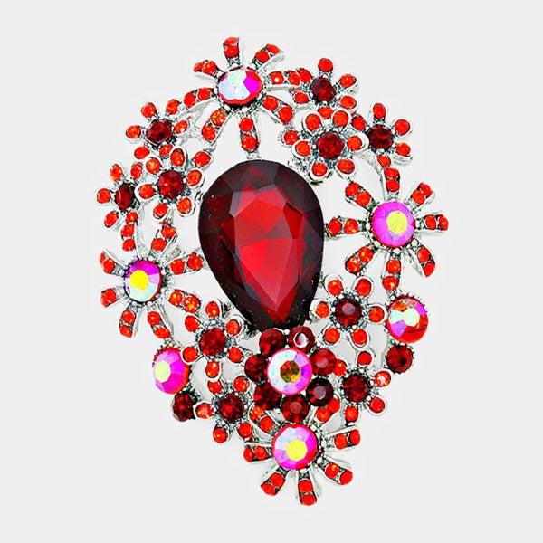 Flower Cluster Red Crystal Pin Brooch