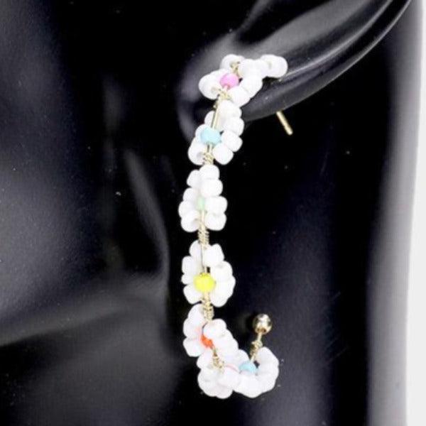 Flower Cluster White Seed Beaded Half Hoop Earrings-Earring-SPARKLE ARMAND