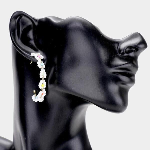Flower Cluster White Seed Beaded Half Hoop Earrings-Earring-SPARKLE ARMAND