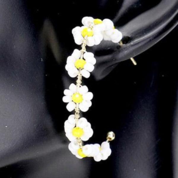 Flower Cluster White & Yellow Seed Beaded Earrings-Earring-SPARKLE ARMAND