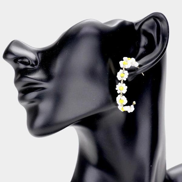 Flower Cluster White & Yellow Seed Beaded Earrings-Earring-SPARKLE ARMAND