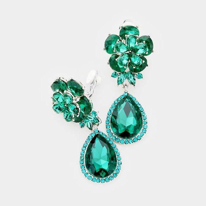 Flower Emerald Green Crystal Teardrop Dangle Clip on Earrings by Miro Crystal Collection