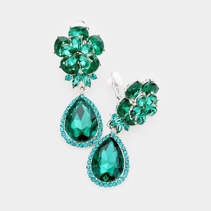 Flower Emerald Green Crystal Teardrop Dangle Clip on Earrings by Miro Crystal Collection