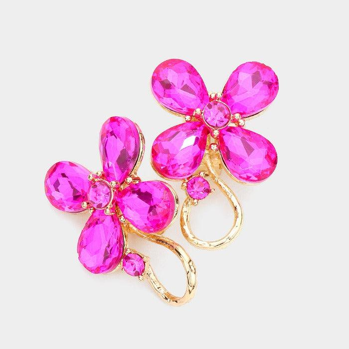 Flower Fuchsia Crystal Accented Clip On Evening Earrings