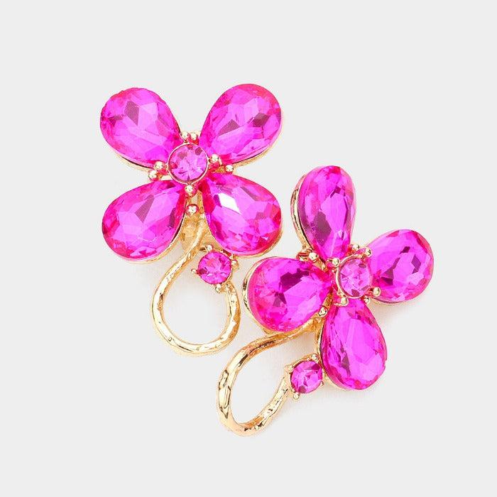 Flower Fuchsia Crystal Accented Clip On Evening Earrings