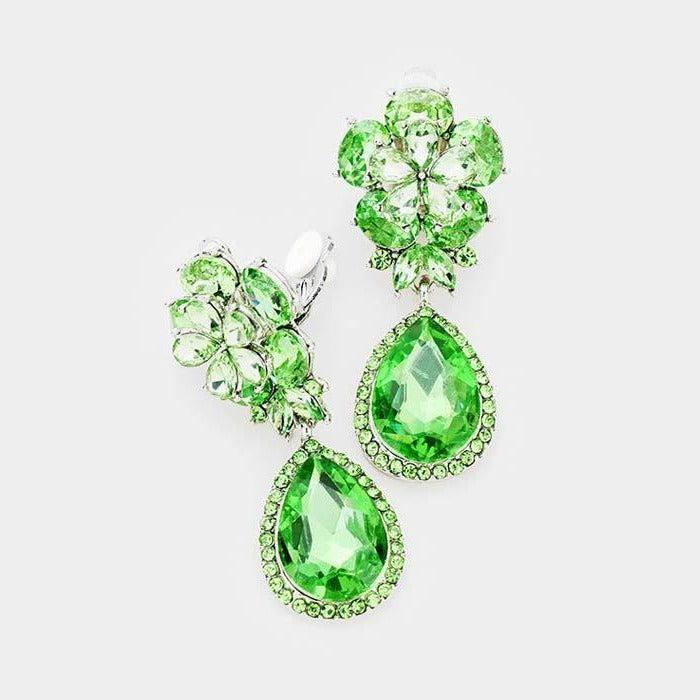 Flower Green Crystal Teardrop Dangle Clip on Earrings by Miro Crystal Collection