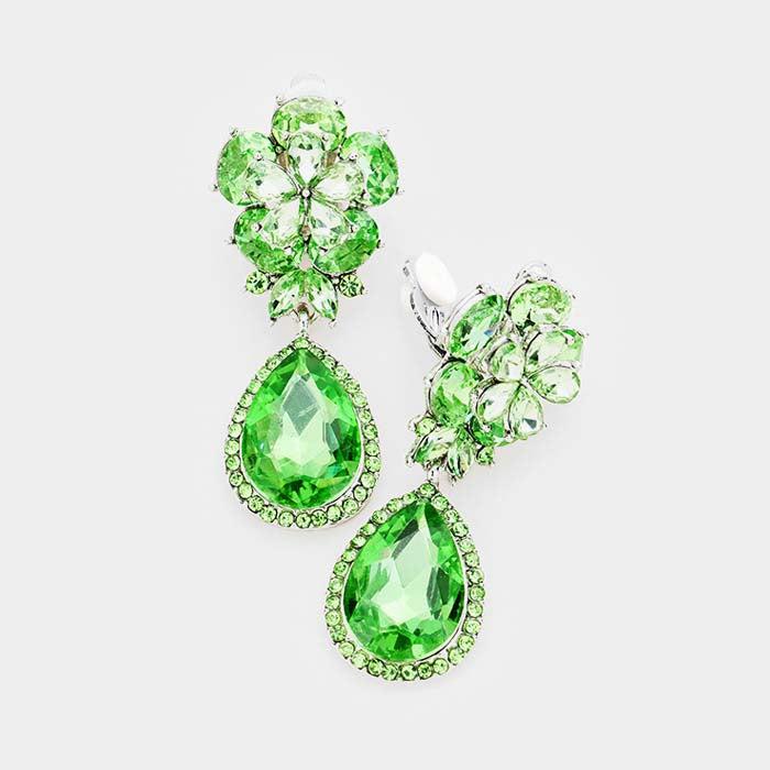 Flower Green Crystal Teardrop Dangle Clip on Earrings by Miro Crystal Collection