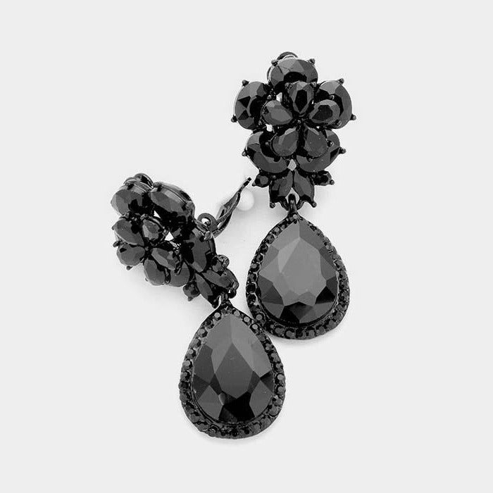 Flower Jet Black Crystal Teardrop Dangle Clip on Earrings by Miro Crystal Collection