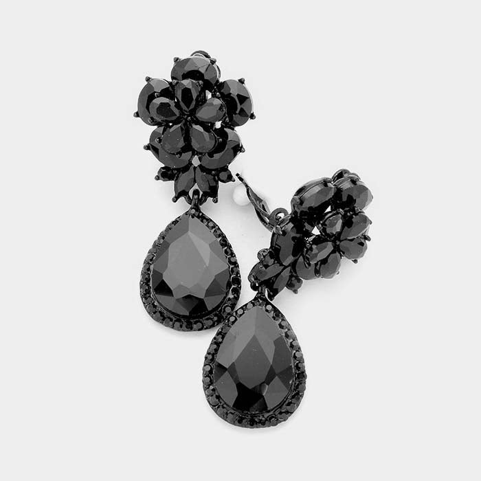 Flower Jet Black Crystal Teardrop Dangle Clip on Earrings by Miro Crystal Collection