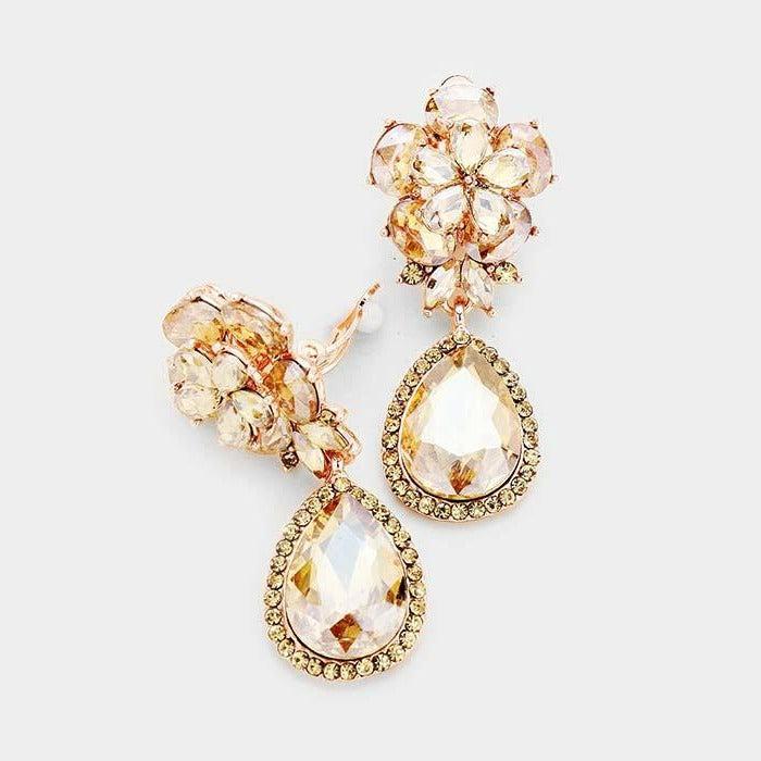 Flower Lt Topaz Crystal Teardrop Dangle Clip on Earrings by Miro Crystal Collection