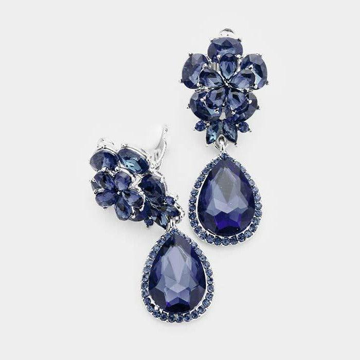 Flower Montana Blue Crystal Teardrop Dangle Clip on Earrings by Miro Crystal Collection