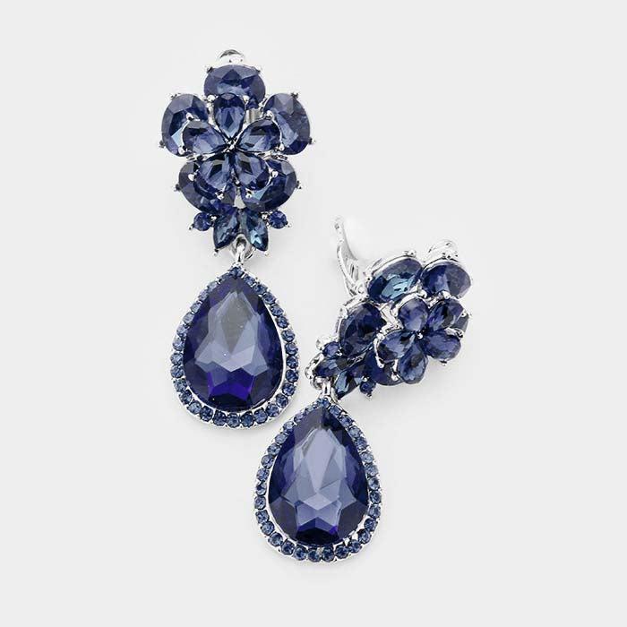 Flower Montana Blue Crystal Teardrop Dangle Clip on Earrings by Miro Crystal Collection