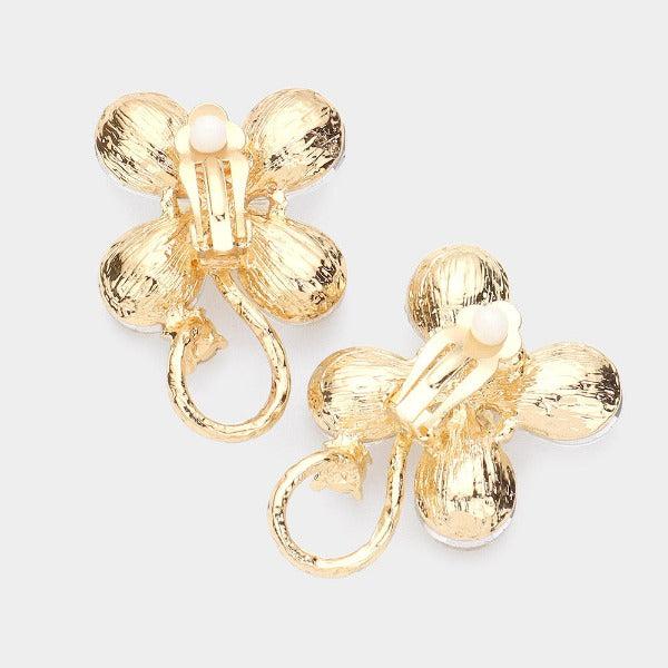 Flower Oil Spill Crystal Accented Clip On Evening Earrings