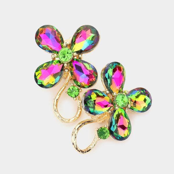 Flower Oil Spill Crystal Accented Clip On Evening Earrings