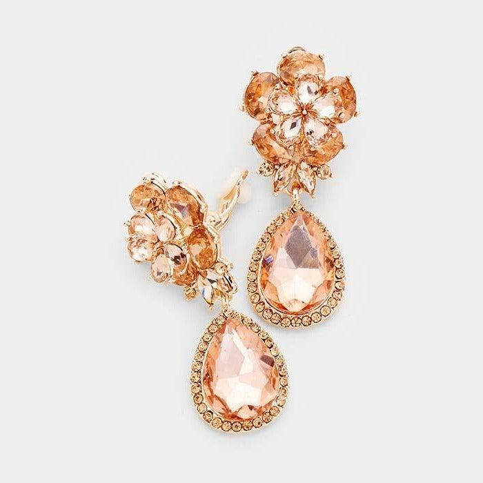 Flower Peach Crystal Teardrop Dangle Clip on Earrings by Miro Crystal Collection