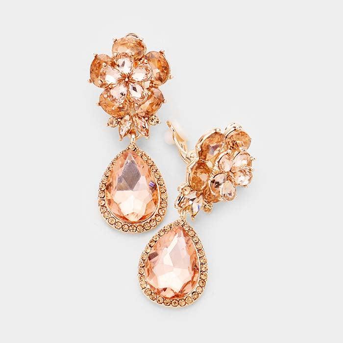 Flower Peach Crystal Teardrop Dangle Clip on Earrings by Miro Crystal Collection