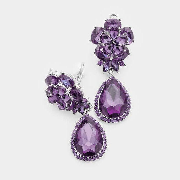 Flower Purple Crystal Teardrop Dangle Clip on Earrings by Miro Crystal Collection