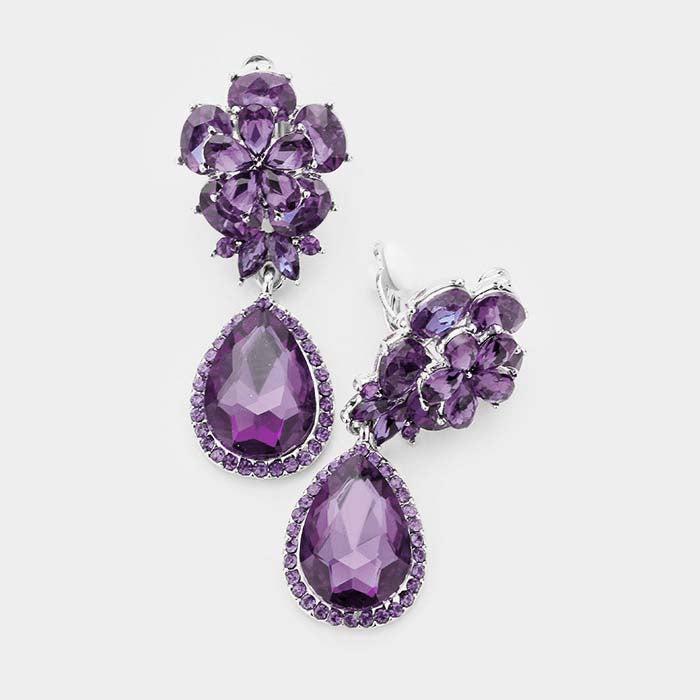 Flower Purple Crystal Teardrop Dangle Clip on Earrings by Miro Crystal Collection