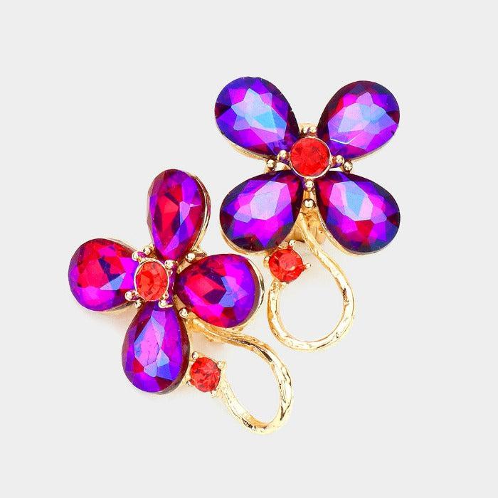 Flower Red Crystal Accented Clip On Evening Earrings