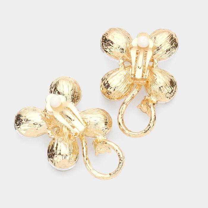 Flower Red Crystal Accented Clip On Evening Earrings