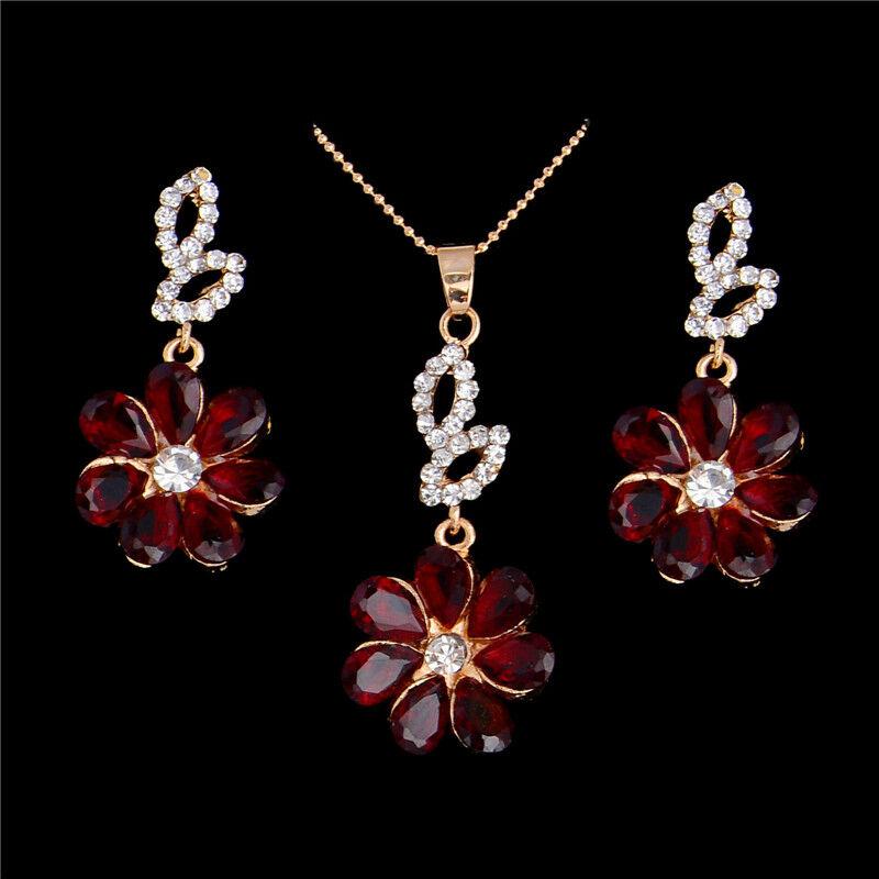 Flower Red Crystal Gold Necklace Earrings Set-SPARKLE ARMAND