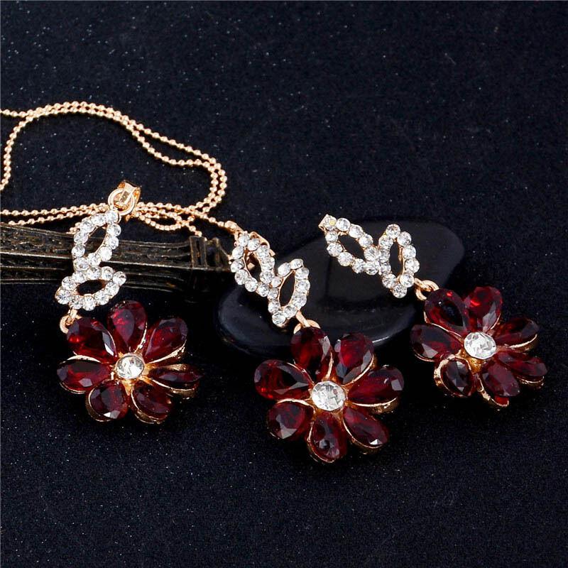Flower Red Crystal Gold Necklace Earrings Set-SPARKLE ARMAND