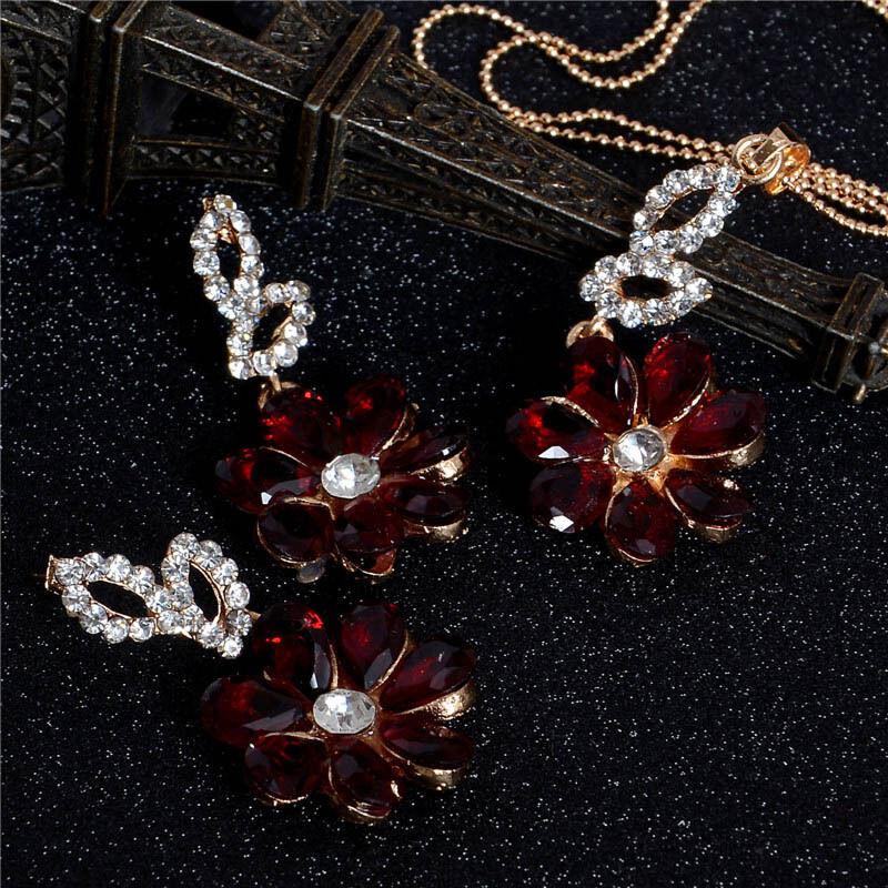 Flower Red Crystal Gold Necklace Earrings Set-SPARKLE ARMAND
